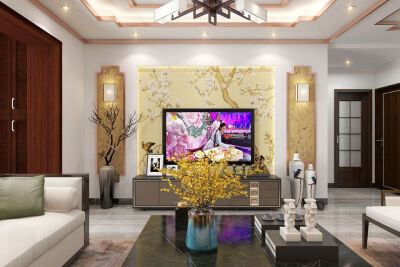 2017新中式客厅电视墙壁灯装修效果图片