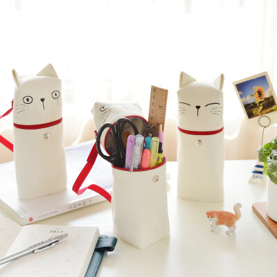 韩国可爱小清新帆布卡通笔袋 创意学生大容量女生简约猫咪文具盒