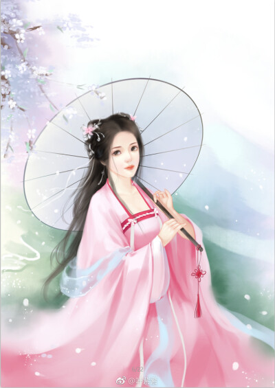 手绘古风粉衣女子画师:叶紫紫