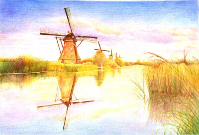 彩铅风景-倒影里的荷兰风车(作者:麦小朵)