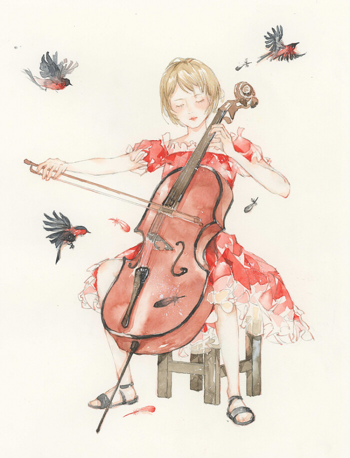 水彩 插画 女孩 大提琴 绘师:七月多喝水