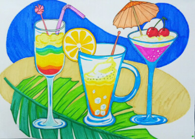 夏日饮品手绘 彩笔 儿童画