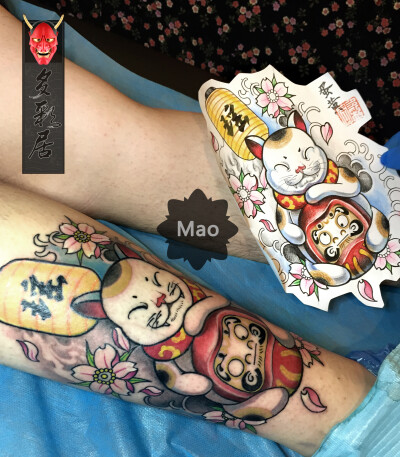 小腿纹身#北京多彩居刺青店作品#tattoo#招财猫纹身#达摩纹身