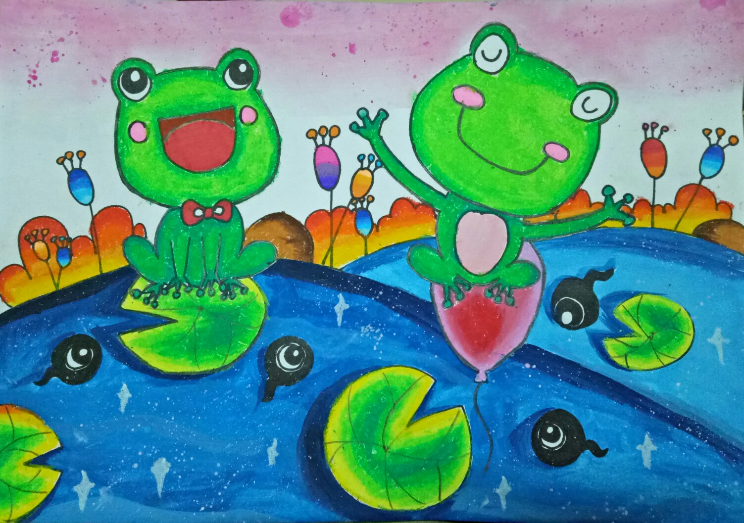 池塘 青蛙 荷叶 水粉 油画棒 情景画 儿童画 卡通画