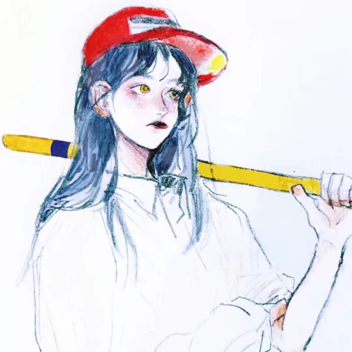 棒子,白衣服,漫画女头,帽子
