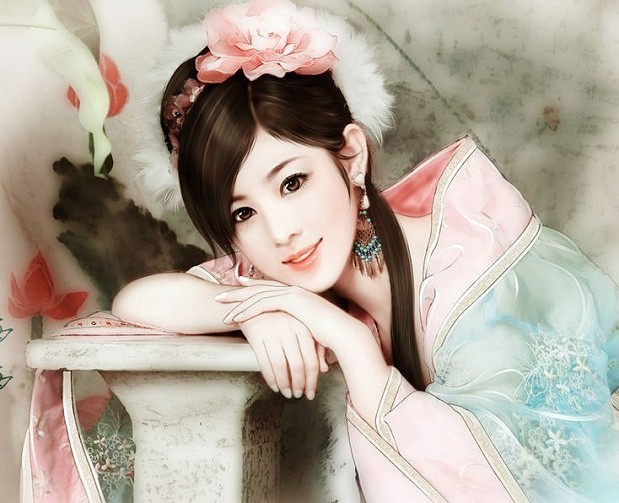 人面桃花古风美女手绘插画图