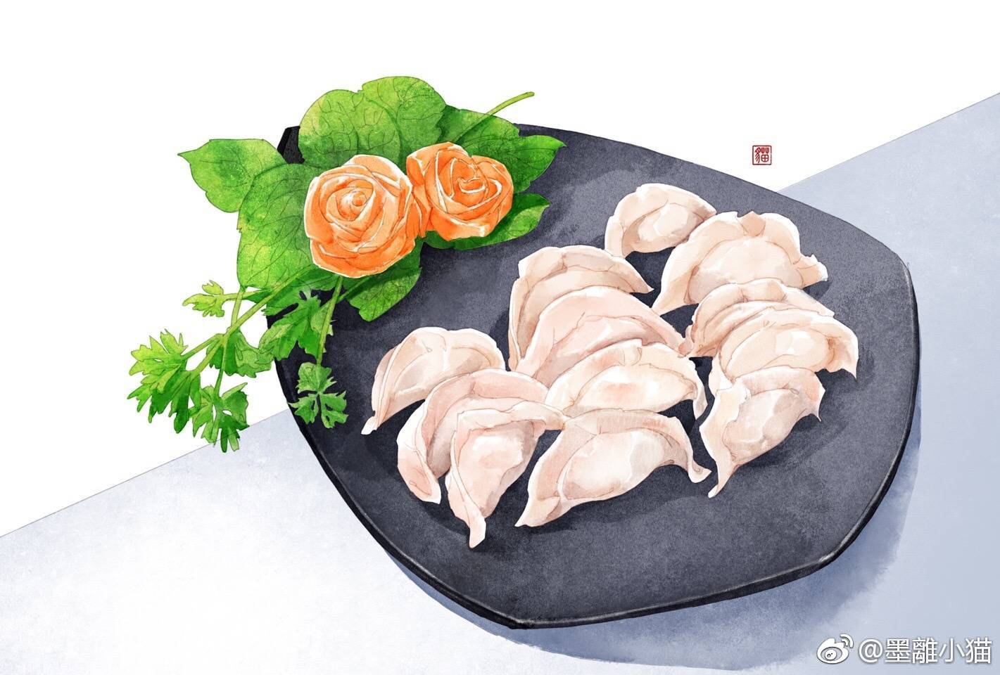 水彩美食插画#饺子 作者:墨离小猫