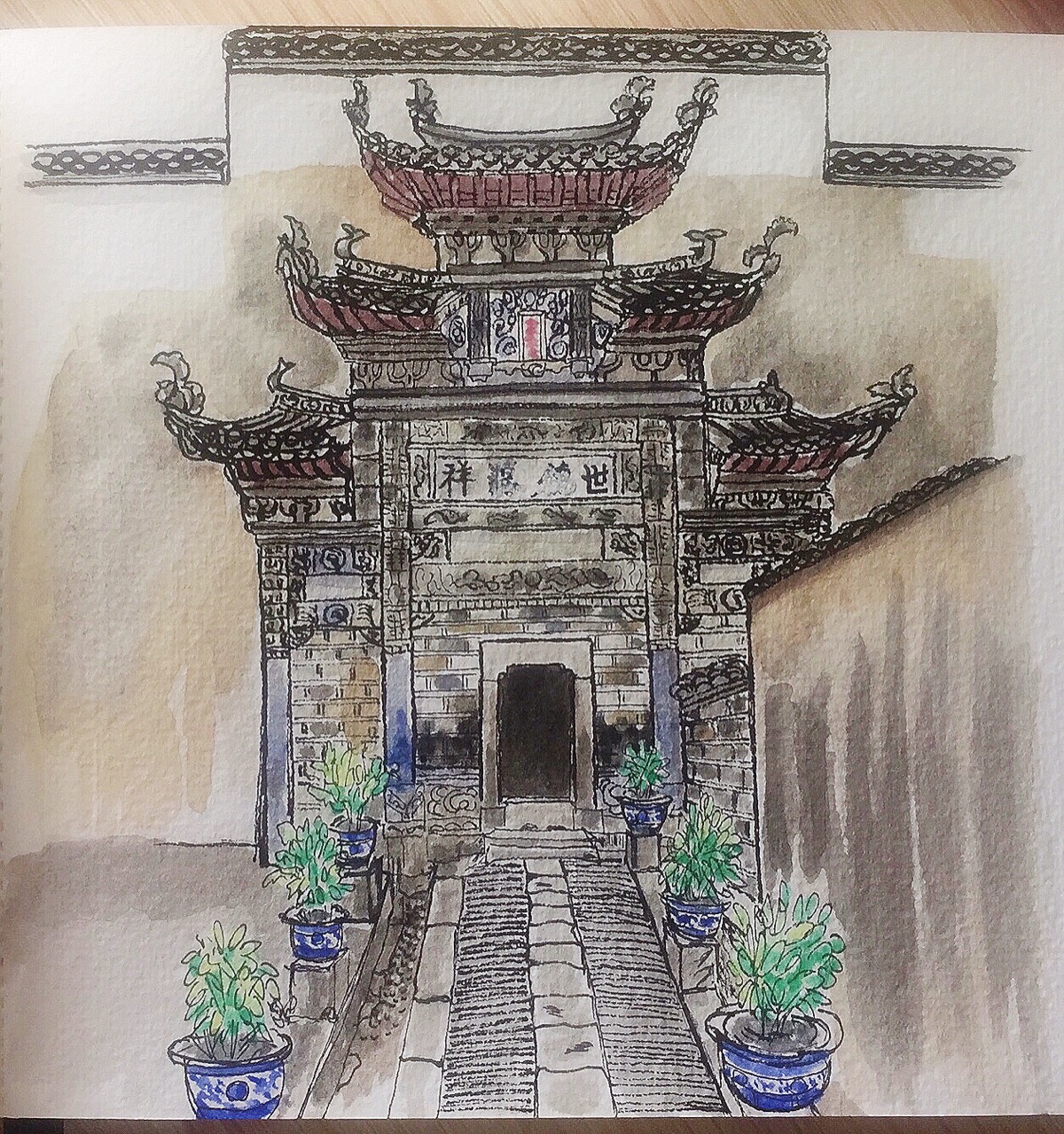 建筑徽派插画水彩