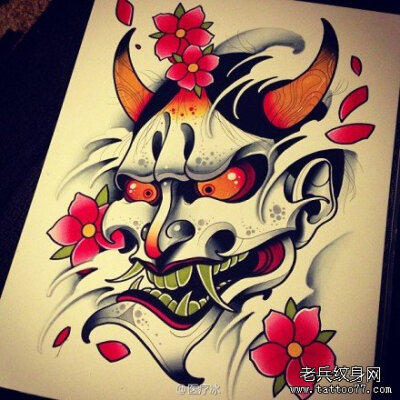 般若,纹身,彩色,黑白,线描画