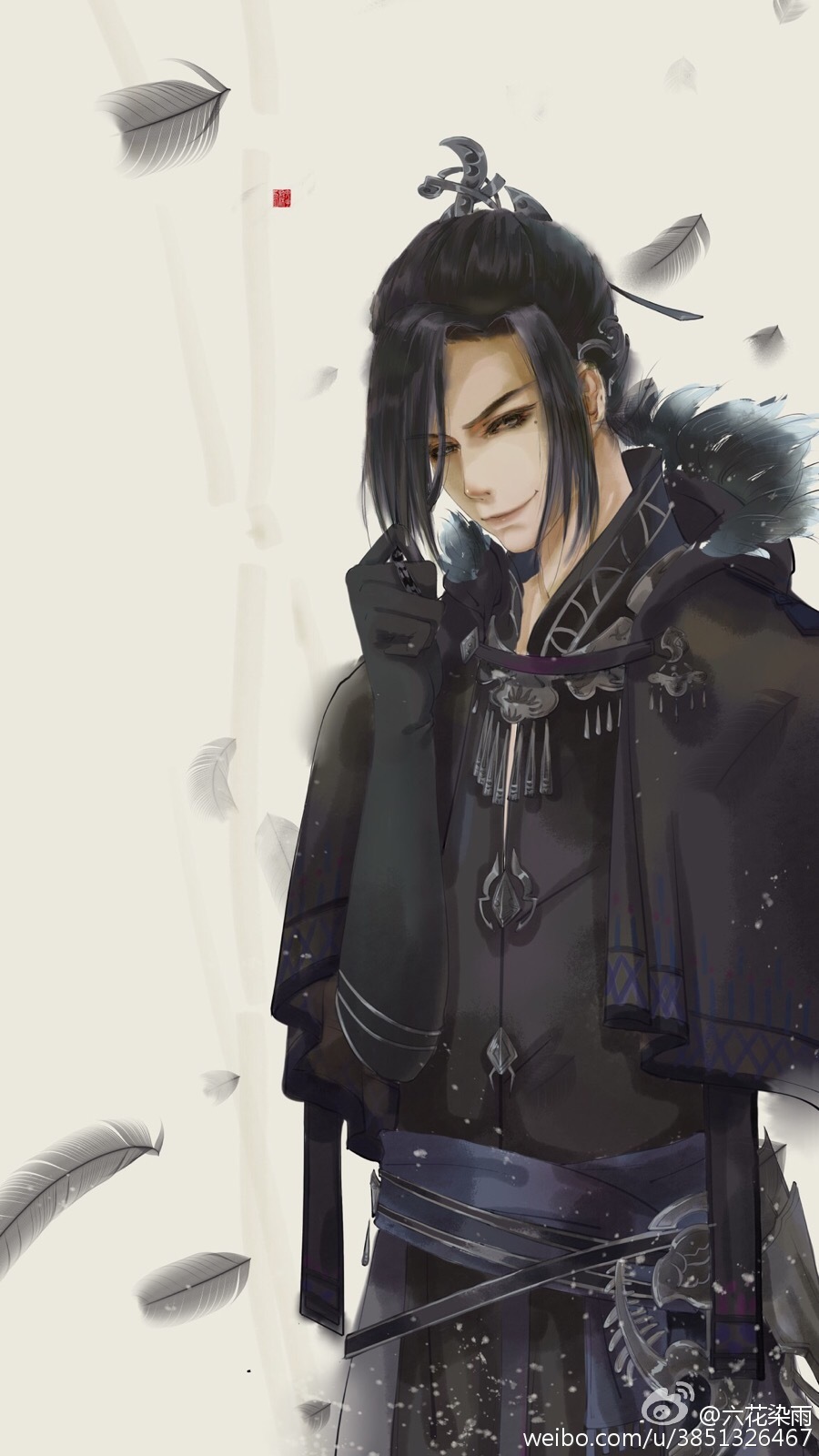 手绘古风黑衣男子画师:六花染雨