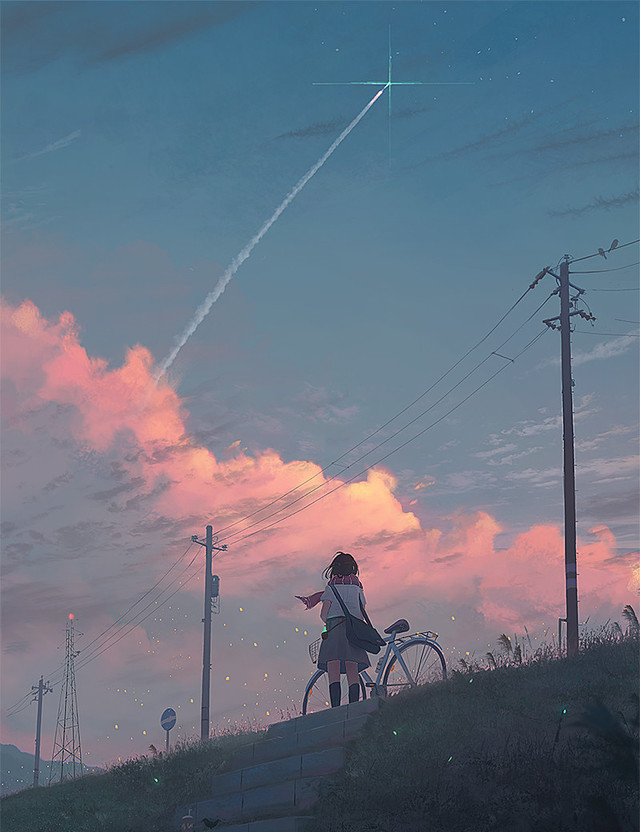 二次元壁纸,天空,背影,流星