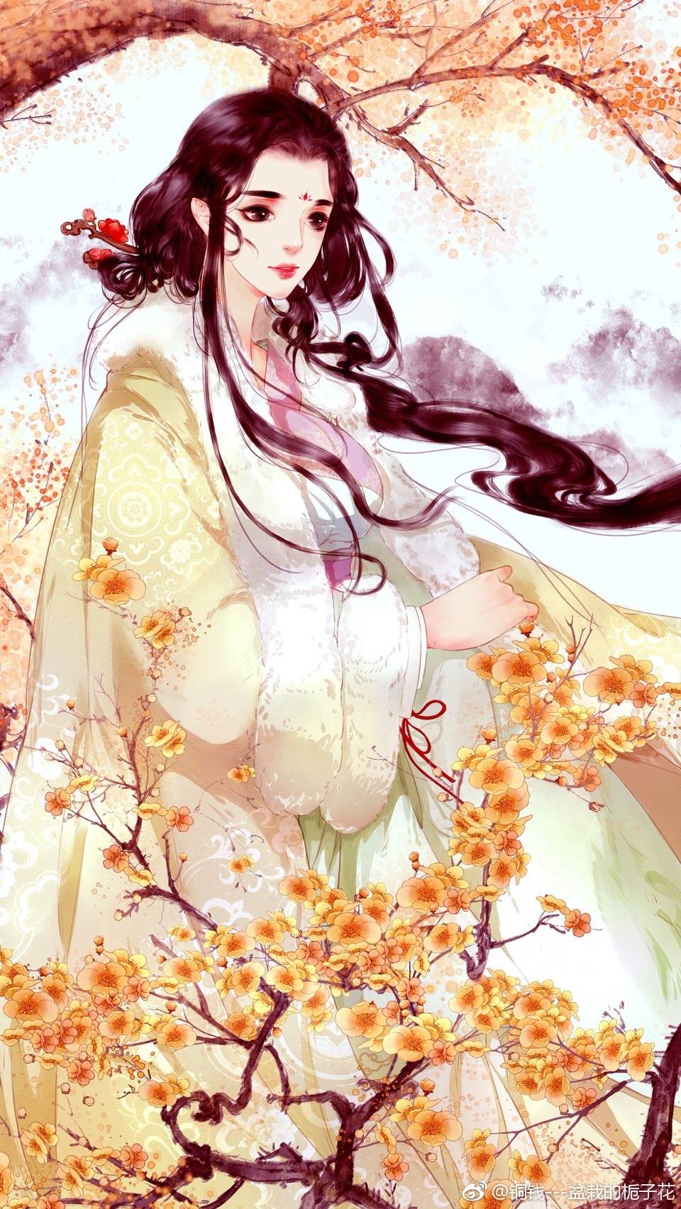 手绘古风女子画师:铜钱–盆栽的栀子花