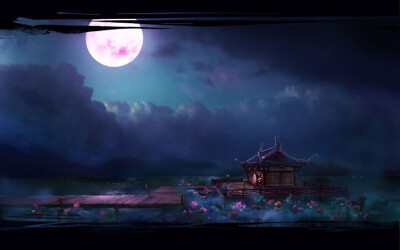 古风素材,中国风复古,背景,唯美浪漫插画,楼阁,竹,月亮,灯笼,荷塘
