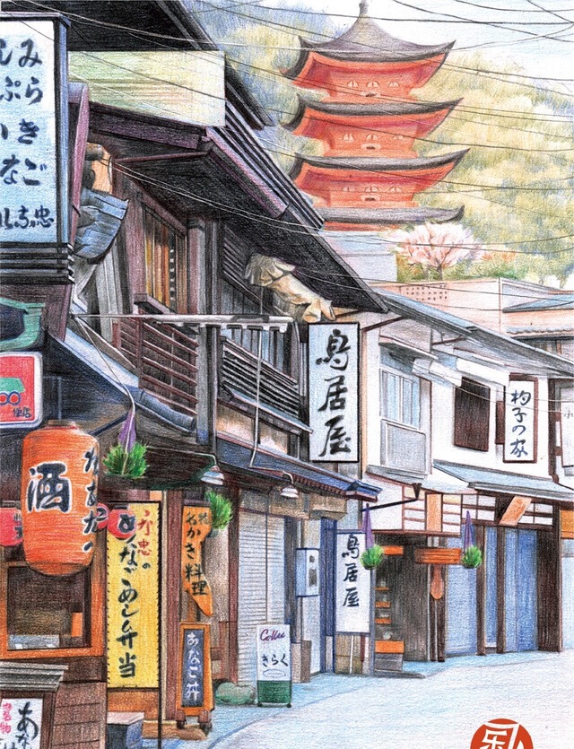 彩铅建筑风景日本