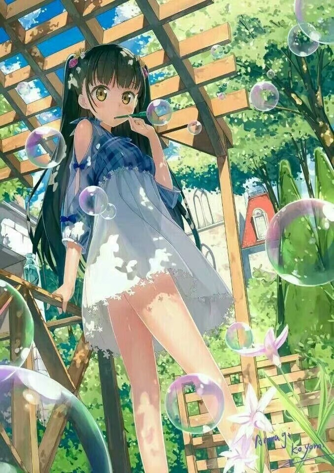 二次元 少女 黑色双马尾 橙黄色眼睛 泡泡