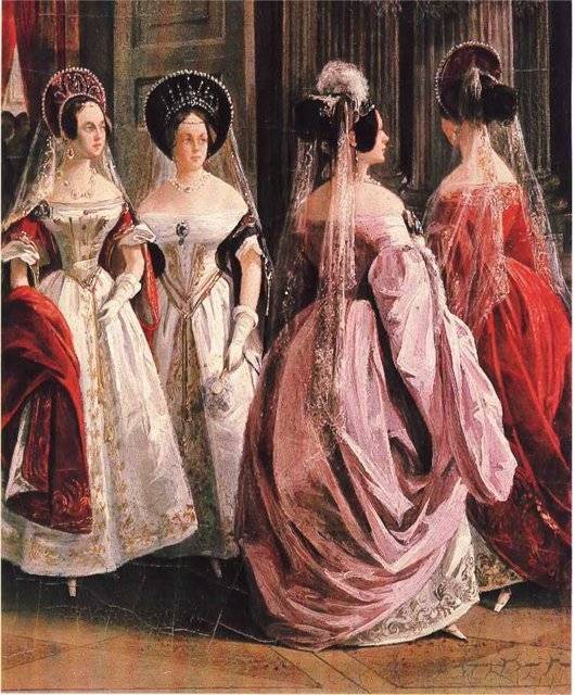 戴传统头饰的俄国宫廷贵妇肖像,据说叶卡捷琳娜大帝很