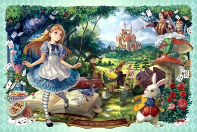 二次元 少女 插画 爱丽丝梦游仙境 爱丽丝 红桃皇后 士兵 兔子