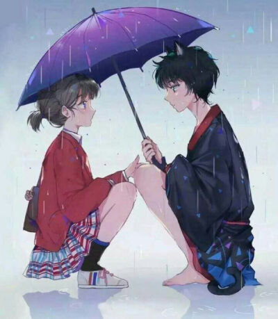 情侣头像 下雨 撑伞 黑猫