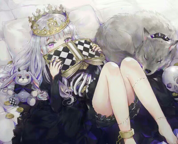 二次元 少女 银卷发 紫瞳 黑色长裙 书本 皇冠 躺姿 兔子