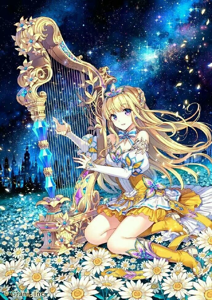 二次元 少女 金色长发 紫瞳 坐姿 竖琴 星空 花丛 唯美