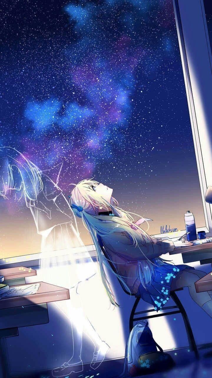 二次元少女壁纸双人星空影子淡黄色双马尾蓝色系校服侧面