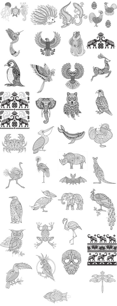 黑白动物几何创意线稿卡通手绘插画图腾装饰画缠绕画展览矢量素材
