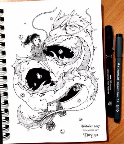 来自插画师enmanuelart的黑白插画(我的皮卡丘和千寻都在里面,开心