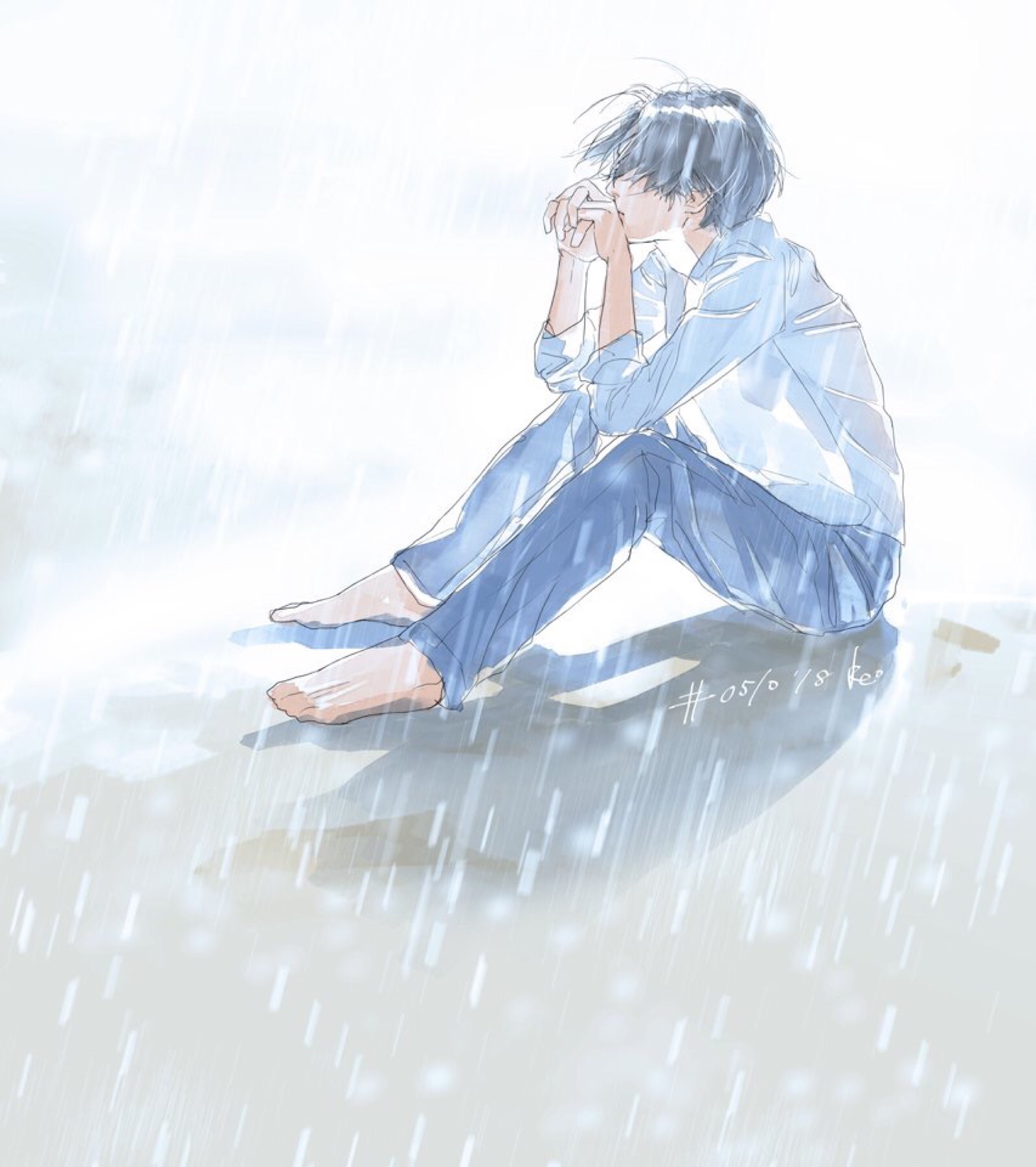 (雨中撑着伞的中年男人,被淋湿的背影即将淹没在人海中.) - 伤感说说吧