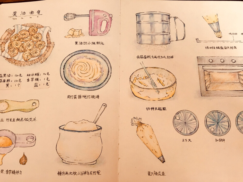 手绘彩铅食谱—黄油曲奇 自制食谱 送给不会做饭的自己