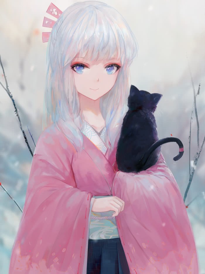 二次元 少女 白色长发 蓝瞳 黑猫 粉色和服