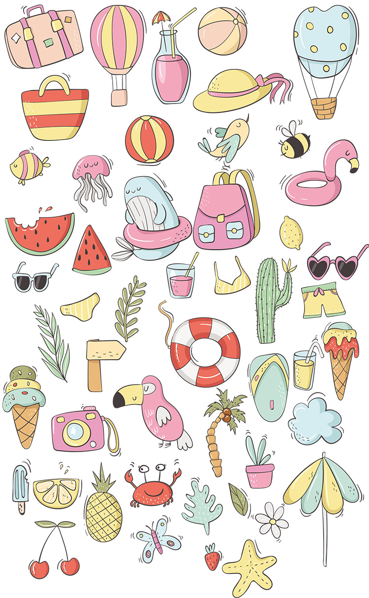 夏日高清夏季可爱涂鸦儿童手绘卡通游泳圈水果动植物矢量素材模板