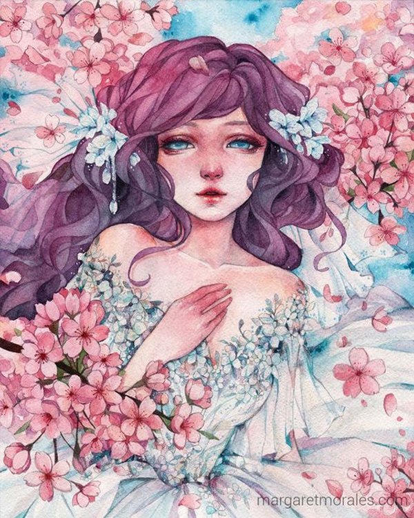 少女 花卉 水彩 唯美 插画_ 画家margaret morales作品