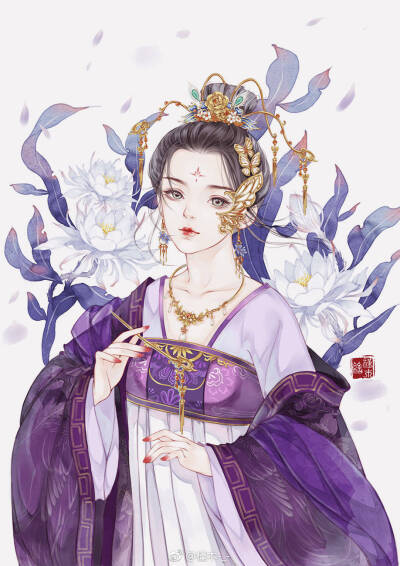 手绘古风紫衣女子画师:槿木