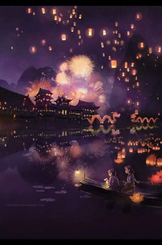 唯美 古风 夜景 插画 场景 图集:灯海辉煌迷人眼