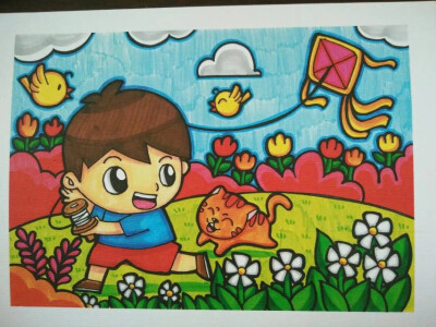 《放风筝-春季》儿童情景画
