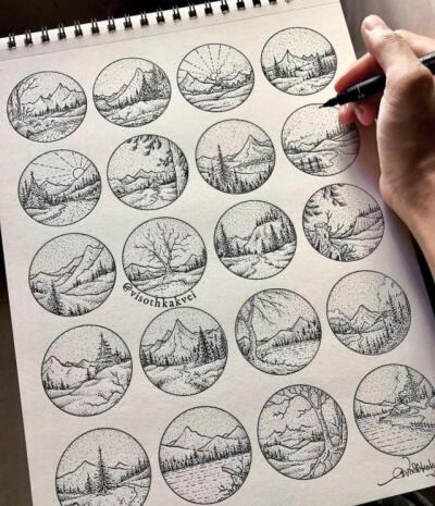 针管笔 袖珍 画细腻意境精致唯美清雅黑白线稿 手绘 风景