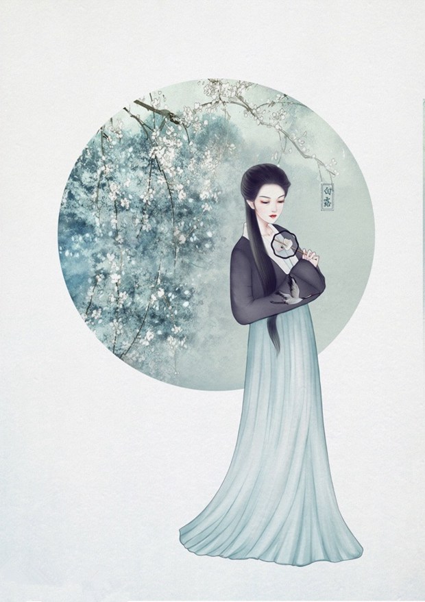 唯美汉服美女的古风人物手绘插画图片   a