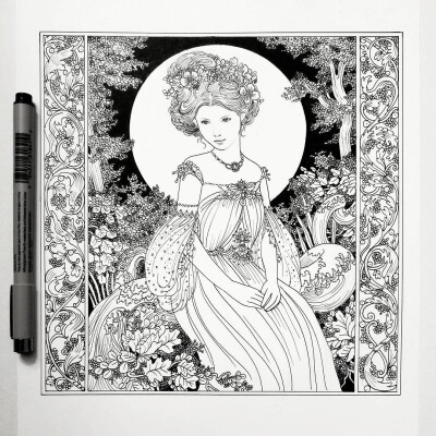 手绘黑白插画:北欧神话少女#针管笔 作者:annie stegg gerard