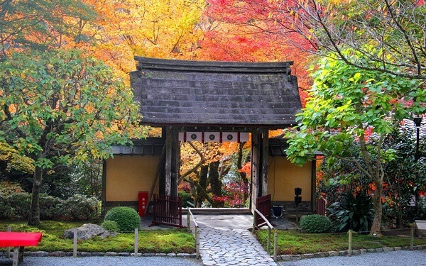 幽径通深院,红叶铺青阶.秋日寺院的门.