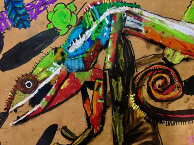 儿童画 创意 装饰画 油画棒 水粉 水彩笔 彩色 黑白 动物 变色龙 蜥蜴