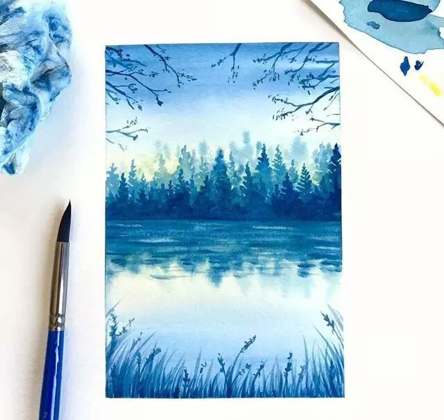 水彩手绘,梦幻的风景画,远处的树林