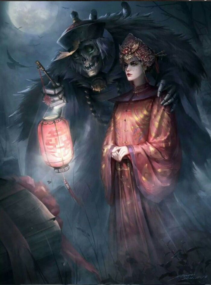 夜深月明鸦乱舞,红灯独伴红嫁衣.