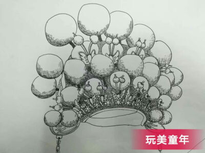 线描 儿童画 创意 装饰画 水彩笔 彩色 黑白 动物头冠 凤冠 霞帔 石雕