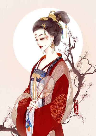 手绘古风红衣人物画师见水印