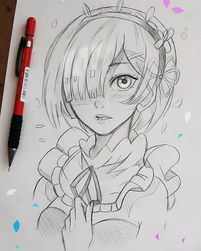铅笔画黑白 手绘 线稿 少女蕾姆