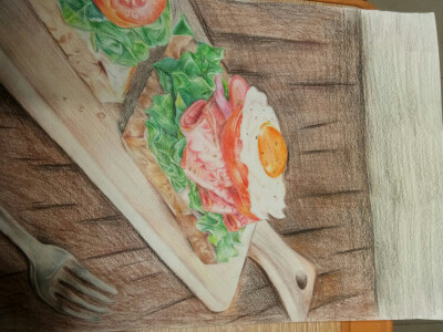 彩铅画 写实 三明治 食物