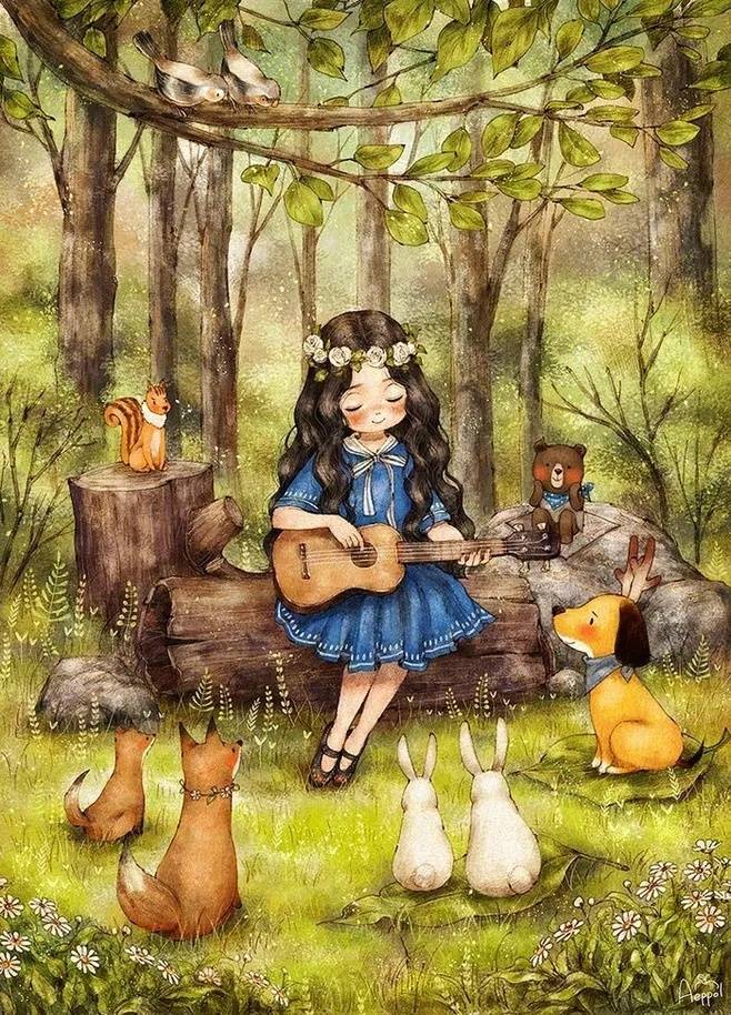 韩国画师 aeppol 治愈系的画风插画:《森林女孩日记》.