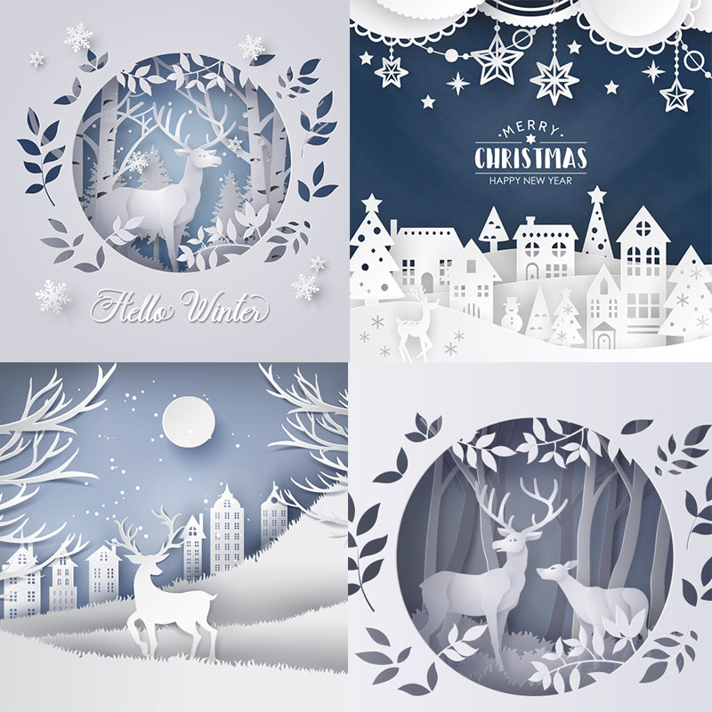 冬季新年创意立体剪纸麋鹿圣诞节植物海报ai矢量设计素材ai402