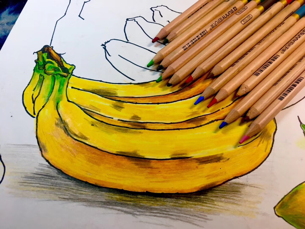 线描 儿童画 速写 静物 写生 芒果 水果 苹果 黄瓜 青椒 猕猴桃 香蕉