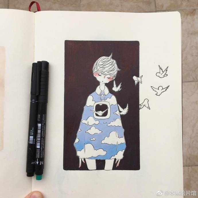 水彩 针管笔 手绘 人物细腻意境精致唯美笔记本上的绘画日本女孩:ik